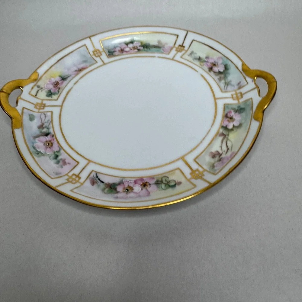 Vintage Bavaria Hand‎ Painted Porcelain Plate Pink Floral Gold Trim Handles